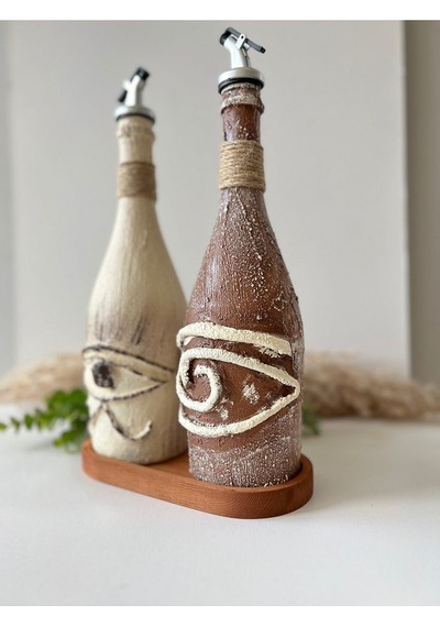 El Yapımı Mitolojik Desenli Sunum Stantlı 2'li 750 Ml Zeytinyağı Sıvıyağ Yağdanlık Yağlık Sirkelik Çok Renkli