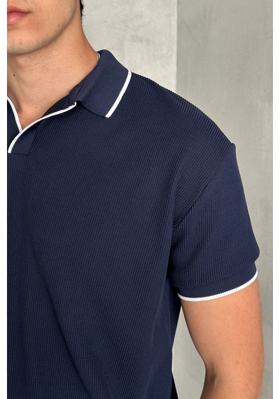 Erkek Oversize Selanik Polo Yaka Triko T-shirt Lacivert