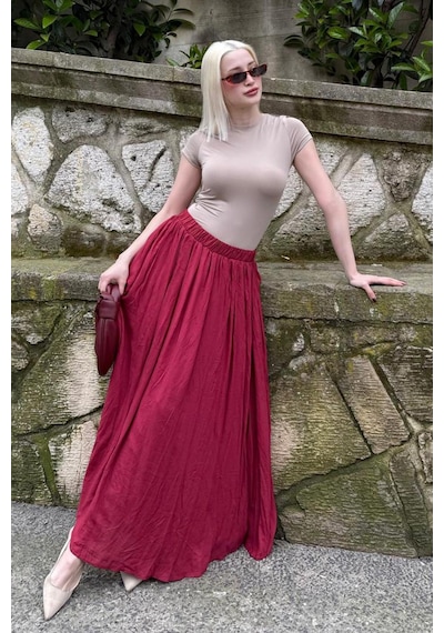 Madmext Bordo Vual Kumaş Basic Kadın Uzun Boy Kadın Etek Mg2366 Bordo