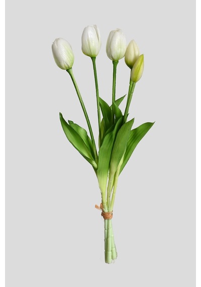 Beyaz Yapay Tulipa Lale Çiçeği Buketi 5 Dallı Premium Canlı Islak Dokulu 43 Cm