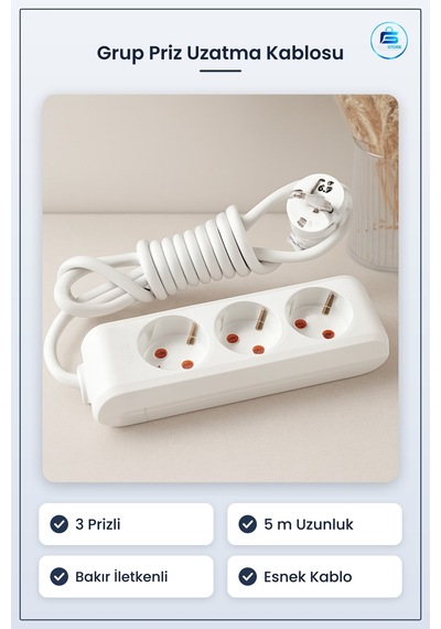 Grup Priz Uzatma Kablosu 3 Prizli 5 M Ev Ve Ofis İçin Bakır İletk