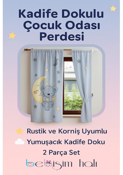 Ayıcıklı Çocuk Odası Çift Kanatlı Fon Perde