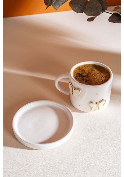 Rivaistanbul Gold Kelebek Amore El Yapımı Seramik Double Kahve Fincanı Mug Kupa Krem