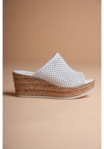 Analin Shoes Kadın Hakiki Deri Delikli Dolgu Topuk Terlik Beyaz