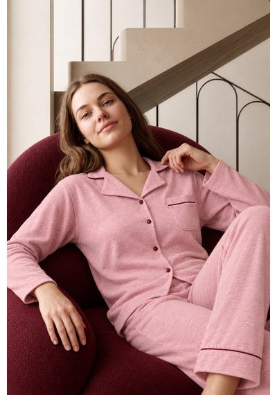Nisanca Bayan Kışlık Welsoft Peluş İnci Düğmeli Pijama Takımı 'ipeksi Doku' Pembe