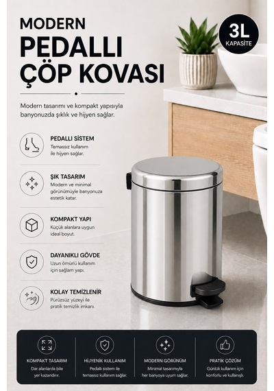 Sas Haus Pedallı Çöp Kovası 3 Litre İç Kovalı Kapaklı Banyo Çöp Kutusu Krom - Elit 7003