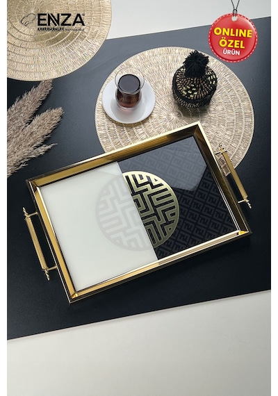 Mint Gold Tepsi Cam Baskılı 48x29 Cm Siyah