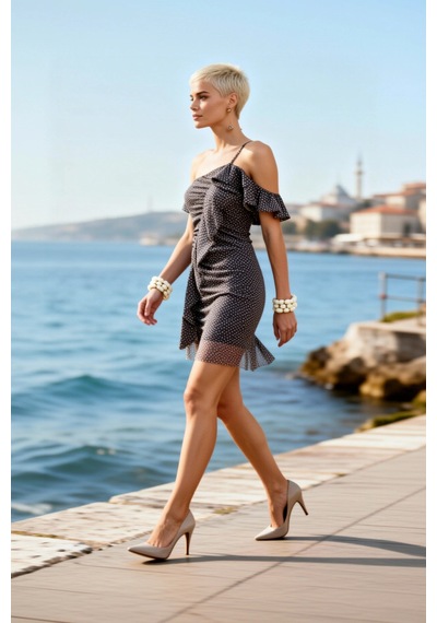 Benerly Kadın Asimetrik Yaka Volanlı Tül Mini Elbise Bodycon Kesim Astarl Kahverengi Benerly Kadın Asimetrik Yaka Volanlı Tül Mini Elbise Bodycon Kesim Astarl Kahverengi