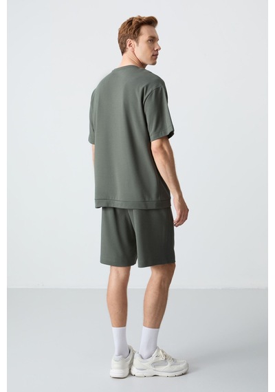 Haki Pamuklu Kalın Yumuşak Dokulu Oversize Fit Basic Erkek Şort Takım - 85257