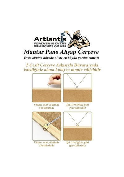 Dekoratif Mantar Pano Ahşap Çerçeve 30x45 Cm 1 Adet Harita Çivisi Hediyeli Duvara Monte Mantar Çerçeve Evde Okulda Diğer