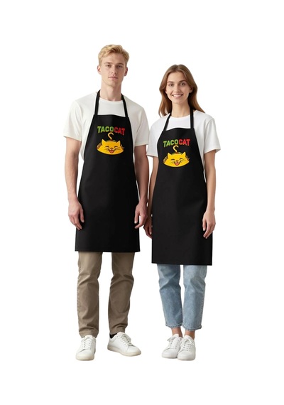Kadın Unisex Mutfak Aşçı Önlüğü Taco Kedi Baskılı Komik Desenli R Siyah