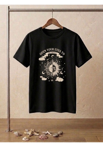 Siyah Güneş Ve Ay Baskılı Oversize T-shirt Siyah
