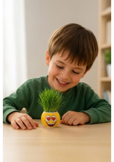 Emoji Figürlü Çim Adam Oyuncak Toprak Tohumlu Dekoratif Saksı Çocuk Eğitici Bitki 6 cm