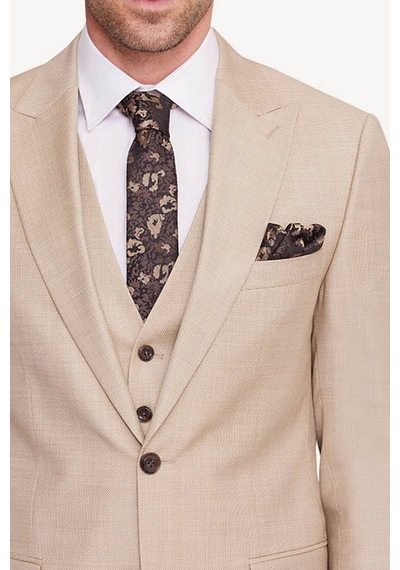 Erkek Bej Slim Fit Sivri Yaka Takım Elbise