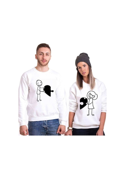 Tshirthane Birleşen Kalpler Sevgili Kombinleri Unisex Sweatshirt Kırık Beyaz