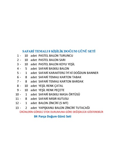 Safari Temalı 8 Kişilik Doğum Günü Seti
