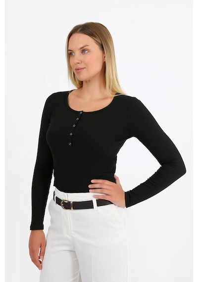 Hdm Kadın Siyah Uzun Kollu Fitilli Patlı Çıtçıtlı Basic Örme Bluz - H6172