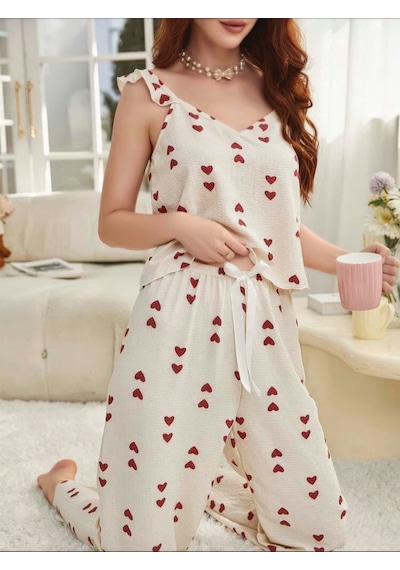 Bezos Kadın Ekru Kırmızı Kalp Desenli Yumuşak Pamuklu Uzun Pijama Takımı 5136