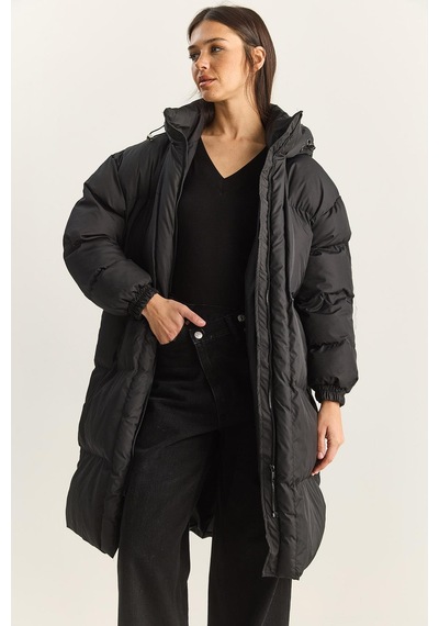 Shade Kadın Cep Detaylı Astarlı Kapüşonlu Uzun Puffer Mont 1129 60283868 - Siyah