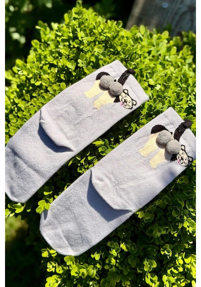 Lousocks Unisex Gri Dilini Çıkaran Köpek Desenli Ponpon Soket Çorap