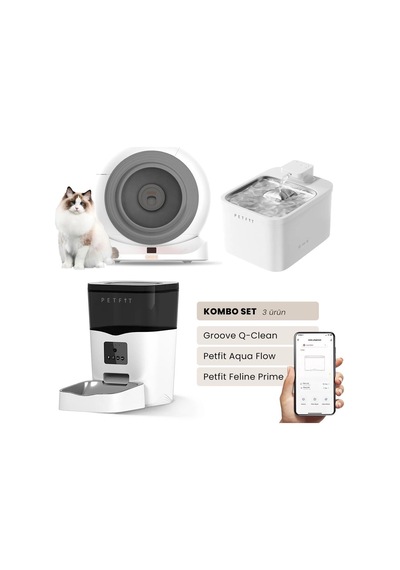 Groove Q-clean Akıllı Otomatik Kedi Tuvaleti Gri - Petfit Aqua Flow Akıllı Bataryalı Su Pınarı Çeşmesi + Petfit Feline Prime Akıllı Otomatik Mama Kabı Bundle