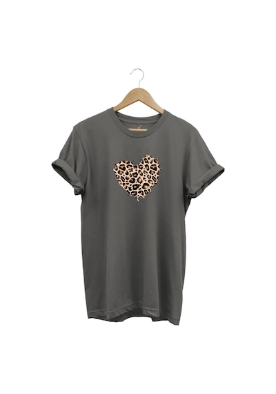 Leopar Desenli Kalp Baskılı %100 Pamuk Regular Fit Bisiklet Yaka Gri T-shirt Gri
