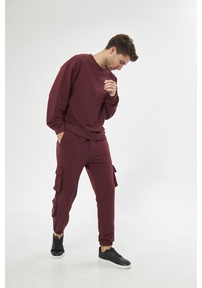 Unisex Bordo 3 Iplik Jogger Rahat Kalıp Kargo Cepli Eşofman Altı Bordo