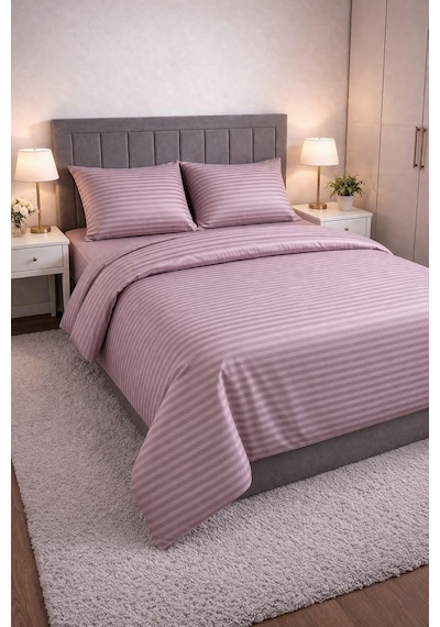 Wova Home Mauve Stripe Çift Kişilik Nevresim Takımı%90 Pamuk 83 Tel Saten Çizgili Lastikli Çarşaflı Mürdüm Nev Çok Renkli