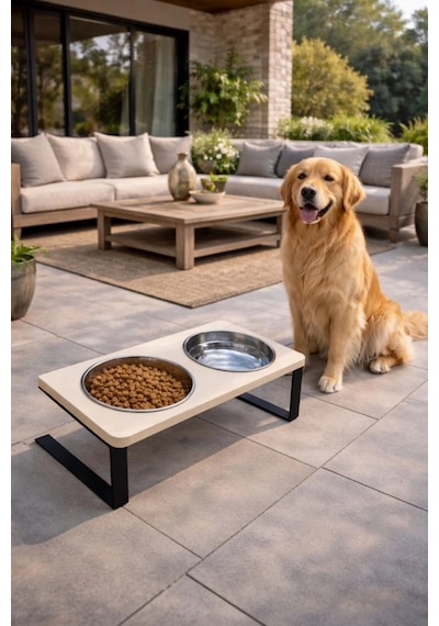 Reyo Ok-ay Store Radessa Xl Yüksek Standlı Çift Hazneli Mama Ve Su Kabı, Büyük Ve Orta Boy Köpek Ve Kedi Su Kabı Paslanmaz Çelik Krem
