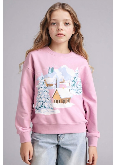 Defacto Relax Fit Bisiklet Yaka Baskılı Sweatshirt Kız Çocuk E6843A825WN Pembe