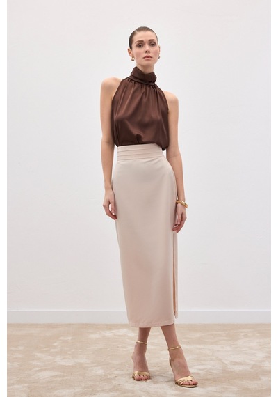 Sateen Bel Pile Detaylı Saten Etek - Bej-136549 Bej