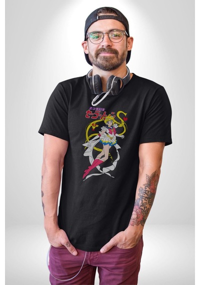 Sailor Moon Anime Usagi Tsukino Unisex Unisex Siyah Organik Baskılı T-shirt Penye Yüksek Kalite Siyah