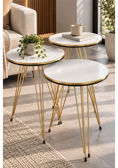 Sulorahome Beyaz Ve Gold Detaylı Üçlü Zigon Sehpa Takımı Beyaz - Altın
