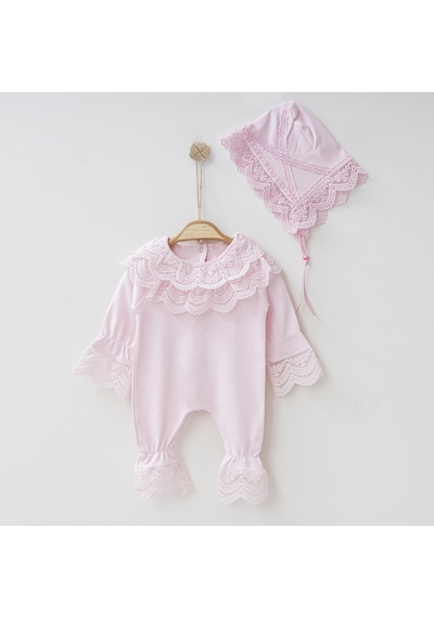 Buse&Eylül Bebe Pembe Güpürlü Şapkalı Kız Bebek Tulum Takım-Pembe