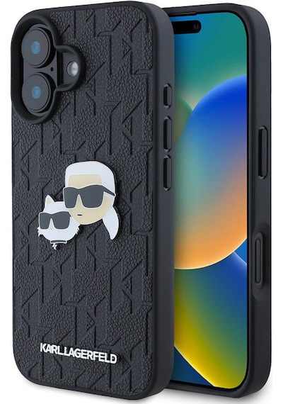 Apple Uyumlu iPhone 16  Kılıf Karl Lagerfeld  Lisanslı K&c Heads Monogram Pin Kapak Siyah
