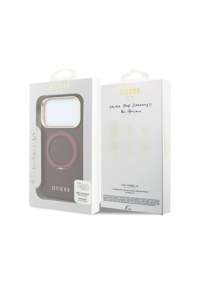 Apple iPhone Uyumlu 18 Pro Max Kılıf Guess Lisanslı M-safeli 360 Standlı Pu Metal Yazı Logolu Kapak Bordo