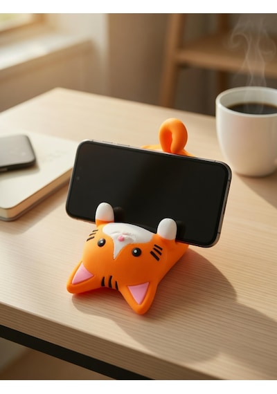 Turuncu Kedi Figürlü Tablet Telefon Tutucu Stand - 3d Baskı Ofis Masaüstü Aksesuarı Ve Biblo