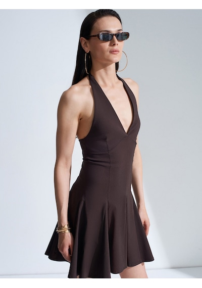 Dilvin 91633 Halter Yaka Mini Elbise-koyu Kahve