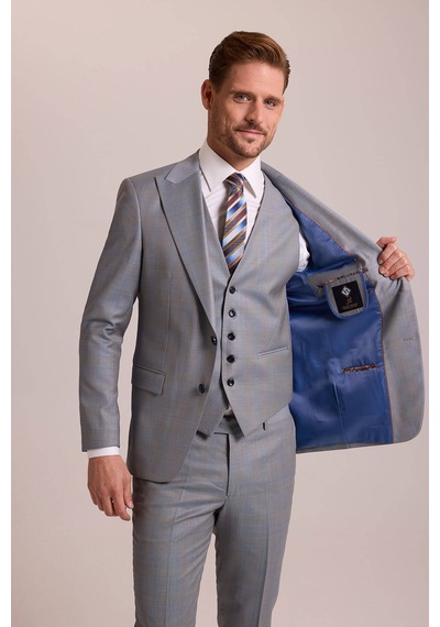 Erkek Gri Bej Slim Fit Sivri Yaka Yelekli Yün Takım Elbise Gri - Bej