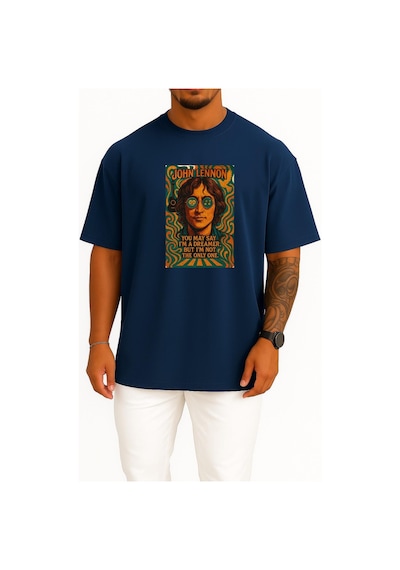 Bahriyeli Collection Oversize John Lennon You May Say İ M A Dreamer Göğüs Tasarımlı Unisex T-shirt Lacivert