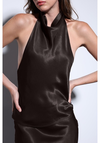 Antioch Saten Halter Kadın Top Koyu Kahve