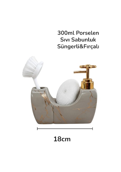342 Taş Gri Mermer Desenli Porselen Sıvı Sabunluk Ve Fırçalı Gold Pompalı