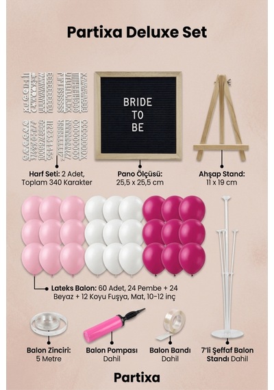 Bekarlığa Veda Bride To Be Süsleme Deluxe Set Siyah Keçe Yazı Panosu Standlı Balon Zincirli 7 Li Şeffaf Balon Standlı Yetişkin