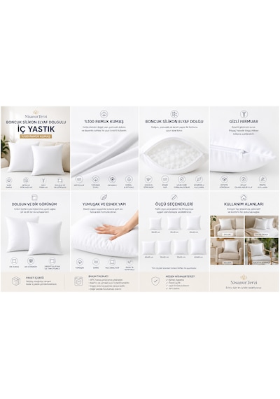 Nisanur-home %100 Pamuk Kumaş Boncuk Silikon Elyaf Dolgulu Gizli Fermuarlı İç Yastık 43 x 43