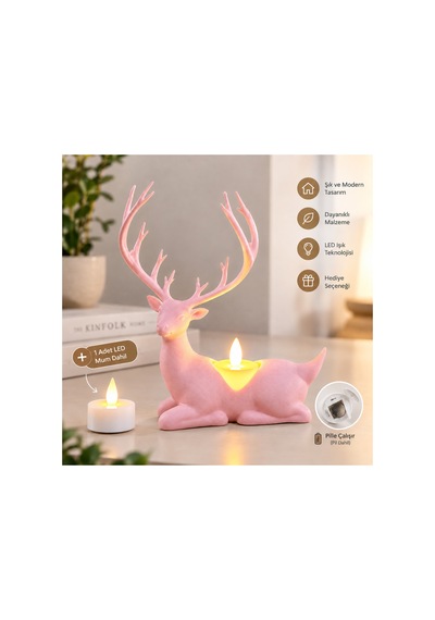 Geyik Biblo Mumluk Led Tealight Mumlu Dekoratif Masa Ve Ev Süsü, 18 Cm - Pembe Açık