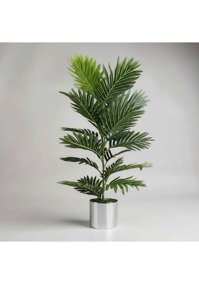100 Cm Yapay Areca Palmiyesi Premium Dekoratif İç Mekan Bitkisi Metal Gümüş Saksı Yeşil