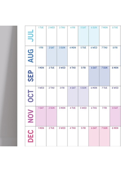 2027 Yıllık Planlayıcı Duvar Takvimi, Gökkuşağı Renkleri, Rainbow, Yatay Çok Renkli