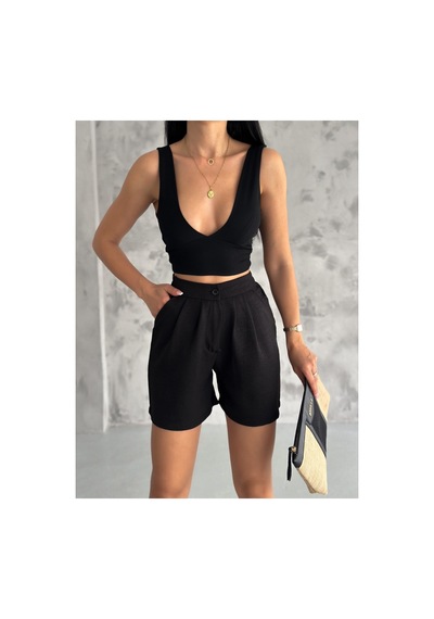 Winmoda34 Kadın Trend Keten Şort 2 Cep siyah
