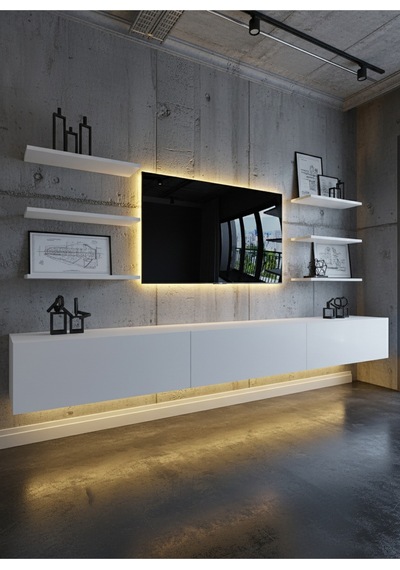 Resital Duvara Monte Ledli 270 Cm Tv Ünitesi Duvar Raflı - Ll6035 Beyaz