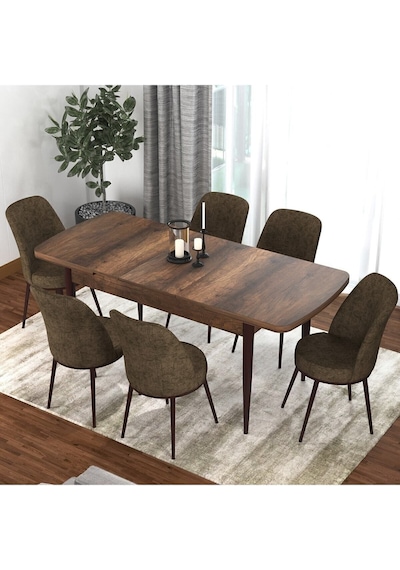 Canisa Concept Kor Serisi 70x114 Açılabilir Mutfak Masası Takımı Barok Desen Masa 6 Kahverengi Sandalye Masa Barok Sandalyeler Kahverengi